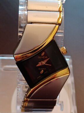 Vintage Ladies GENEVA Quartz Silver/Gold Tone Asymmetrical Watch - WORKS!